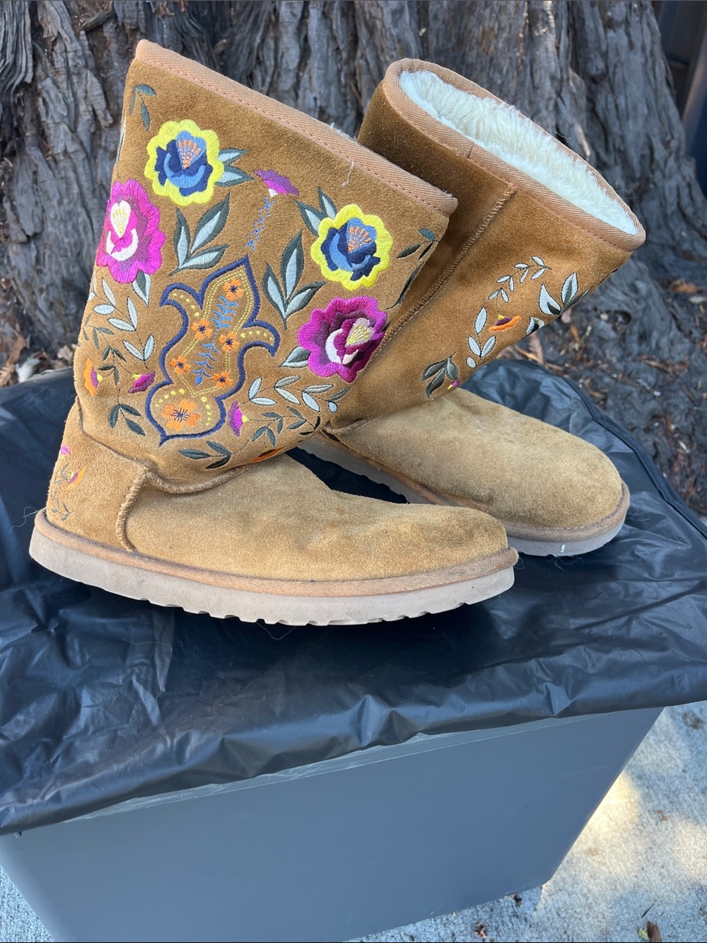 UGG Tan Suede Embroidered Floral Mid-Calf Boots